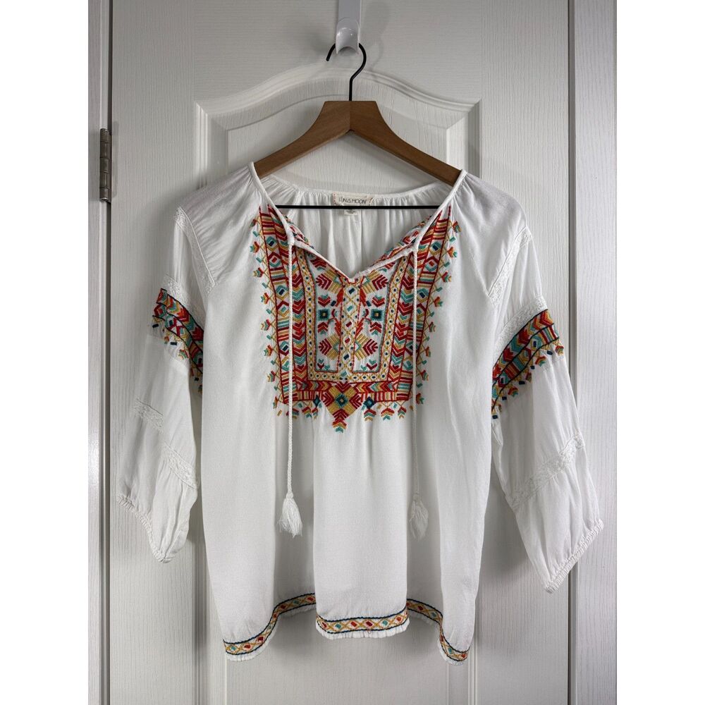 Luna Moon Women’s Small White Embroidered Boho Peasant Blouse 3/4 Sleeve